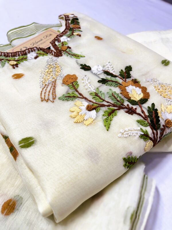 Premium Jamdani Hand-Embroidered Kurti Set with Dupatta and Pant