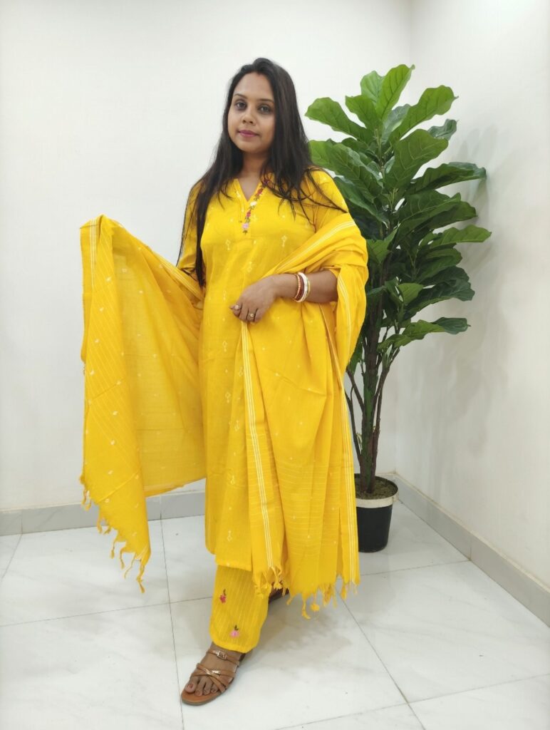 Mustard Yellow Handloom Cotton Kurti Set