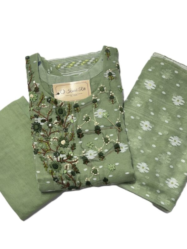 Pastel Green Jamdani Weaving Hand Embroidery Kurti Set