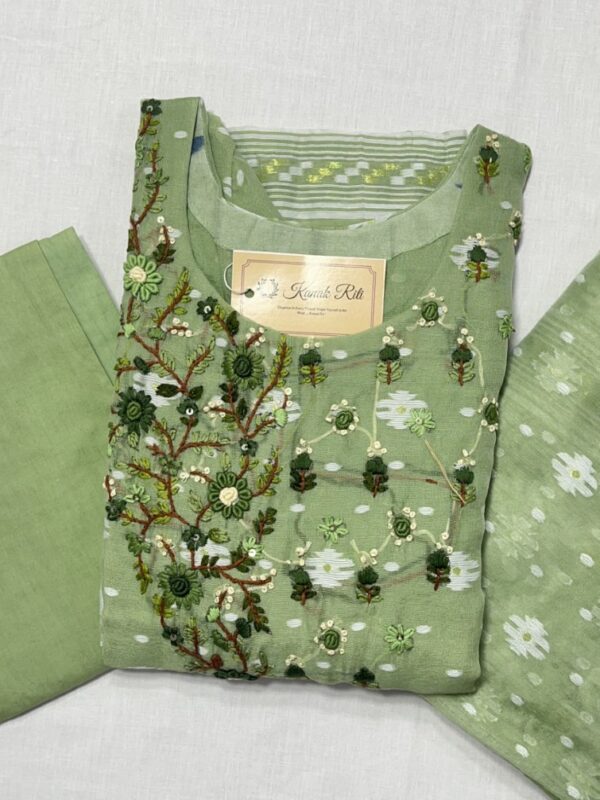 Pastel Green Jamdani Weaving Hand Embroidery Kurti Set