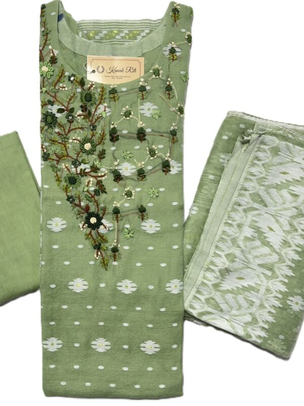 Pastel Green Jamdani Weaving Hand Embroidery Kurti Set