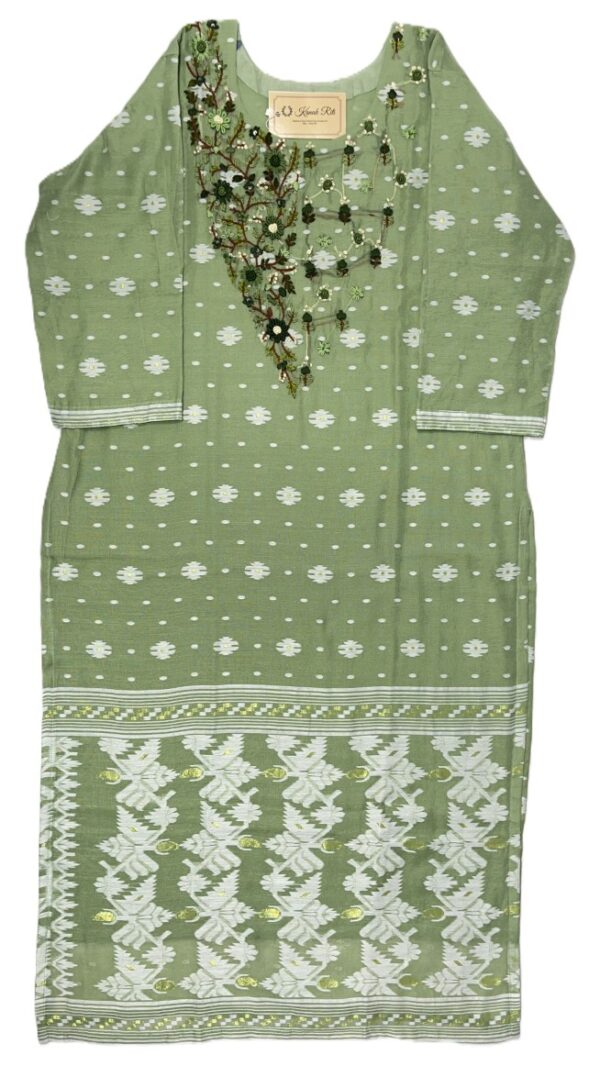 Pastel Green Jamdani Weaving Hand Embroidery Kurti Set