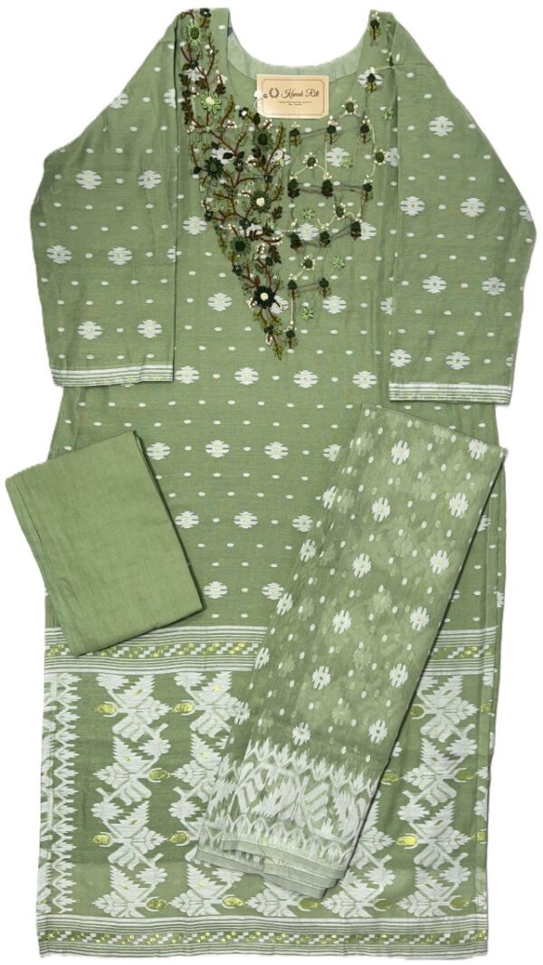 Pastel Green Jamdani Weaving Hand Embroidery Kurti Set
