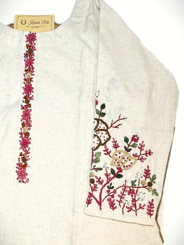 Off-White Khadi Cotton Kurti with Floral Hand Embroidery
