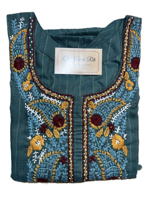 Lazy Daisy Stitch Hand Embroidered Teal Cotton Blend Kurti