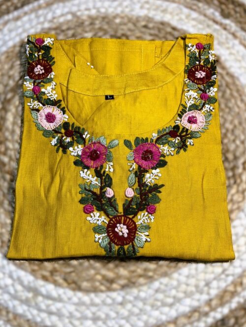 Mustard Yellow Vertica Cotton Kurti with Hand Embroidery