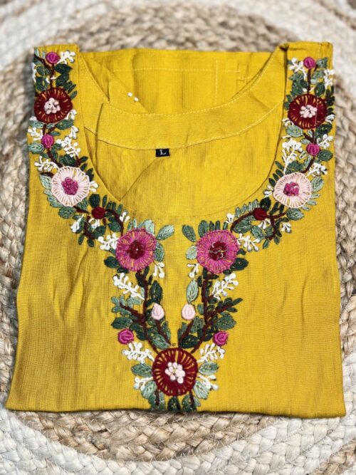 Mustard Yellow Vertica Cotton Kurti with Hand Embroidery