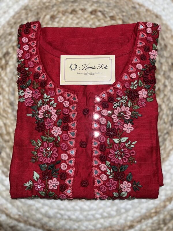 Hand Embroidered Floral Silk Kurti in Red