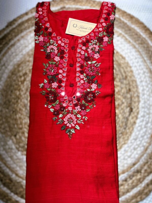 Hand Embroidered Floral Silk Kurti in Red