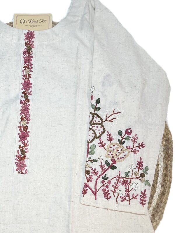 Off-White Khadi Cotton Kurti with Floral Hand Embroidery