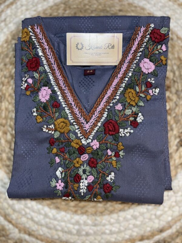 Grey Artisan Floral Embroidered Cotton Blend Kurti