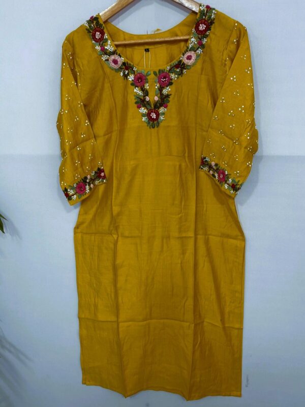 Mustard Yellow Vertica Cotton Kurti with Hand Embroidery