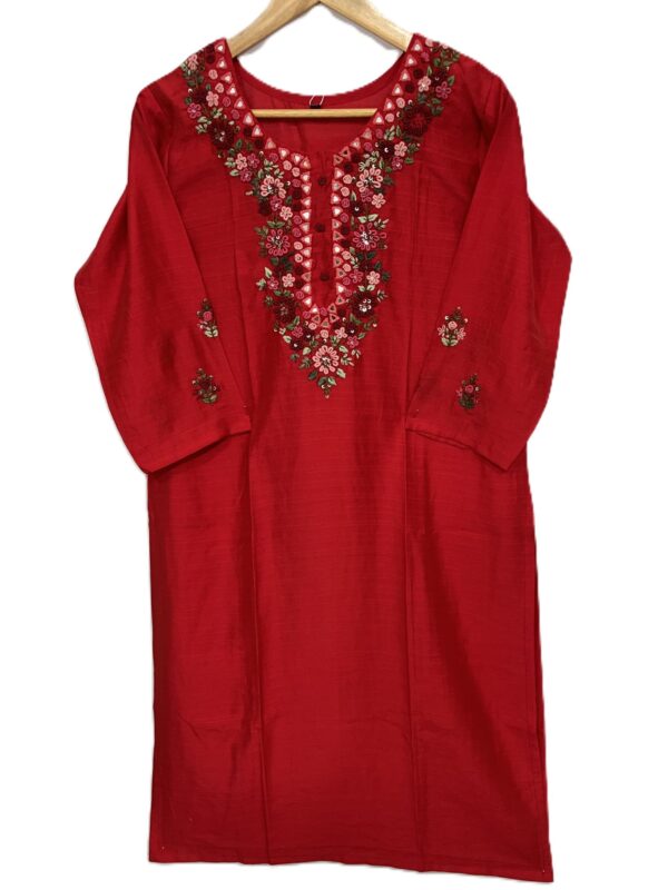 Hand Embroidered Floral Silk Kurti in Red