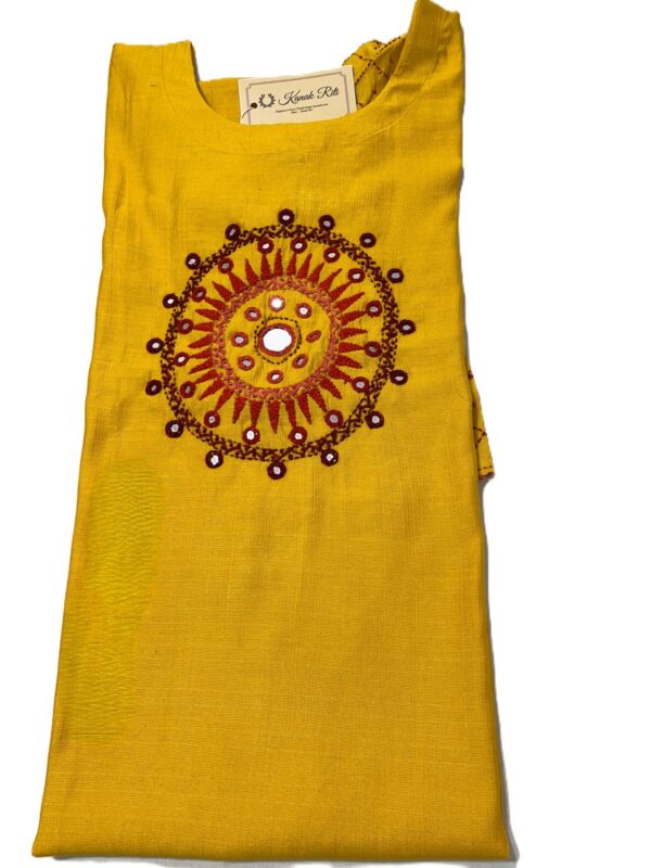 Hand embroidery yellow cotton kurti