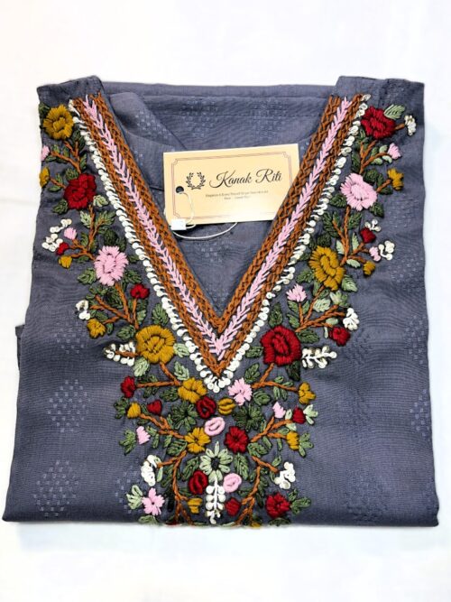 Grey Artisan Floral Embroidered Cotton Blend Kurti