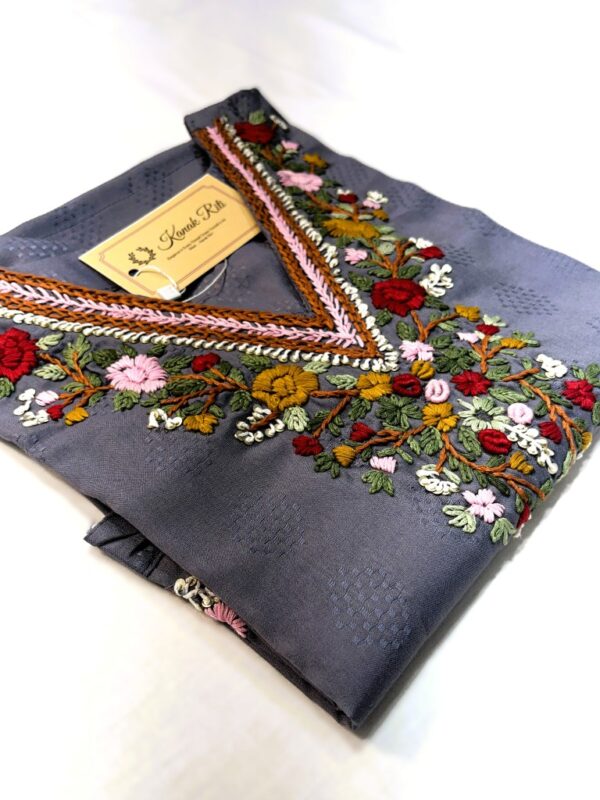 Grey Artisan Floral Embroidered Cotton Blend Kurti