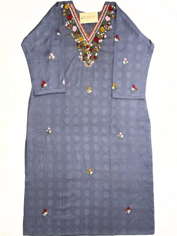 Grey Artisan Floral Embroidered Cotton Blend Kurti
