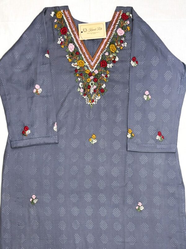 Grey Artisan Floral Embroidered Cotton Blend Kurti
