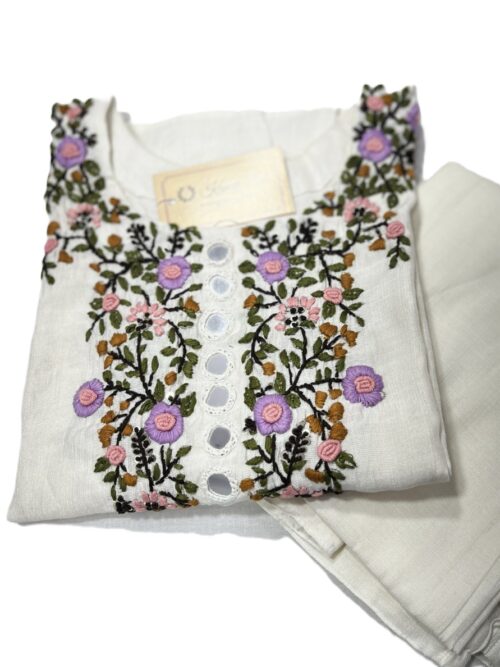 Hand embroidery with mirror work white kurti