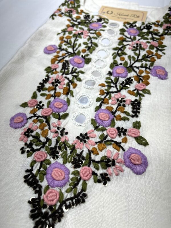 Hand embroidery with mirror work white kurti