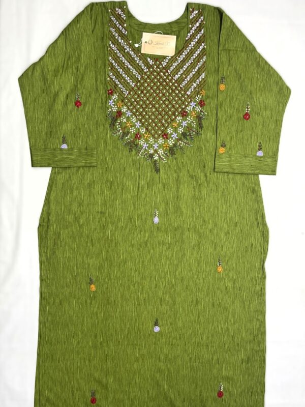 Bullion Knot Stitch Hand Embroidered with Mirror Work Silk Kurti