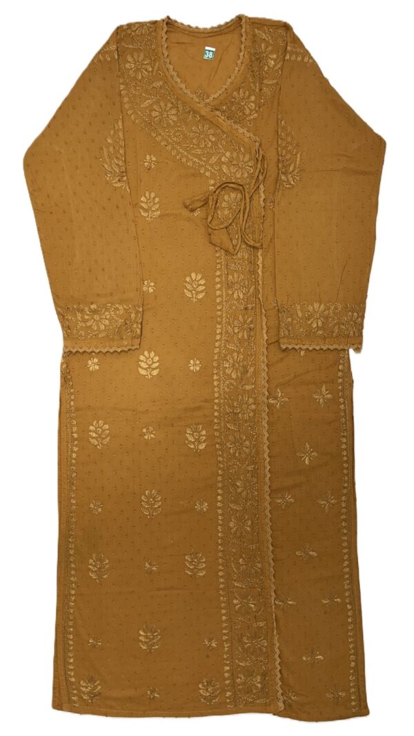 Mustard Angrakha Chikankari kurti for women online