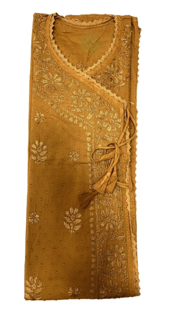 Mustard Angrakha Chikankari kurti for women online