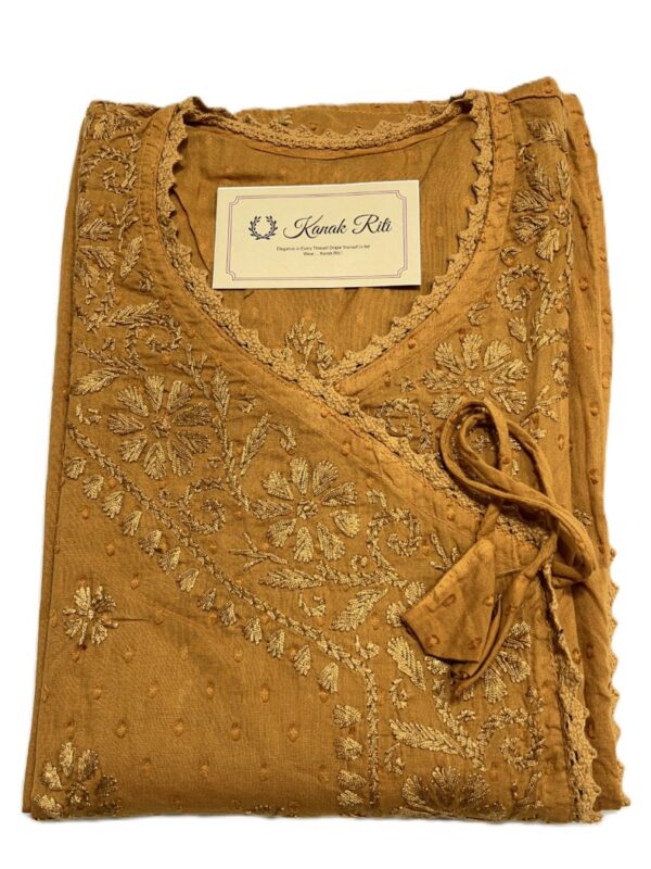 Mustard Angrakha Chikankari kurti for women online