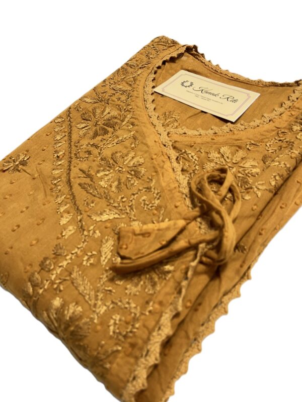 Mustard Angrakha Chikankari kurti for women online