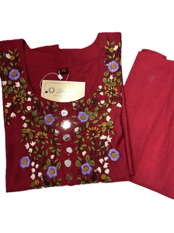 Red Cotton Hand Embroidery Kurti with Mirror Work
