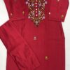 Red kurti with intricate multicolored floral embroidery around the neckline and scattered small floral motifs along the front and sleeves.