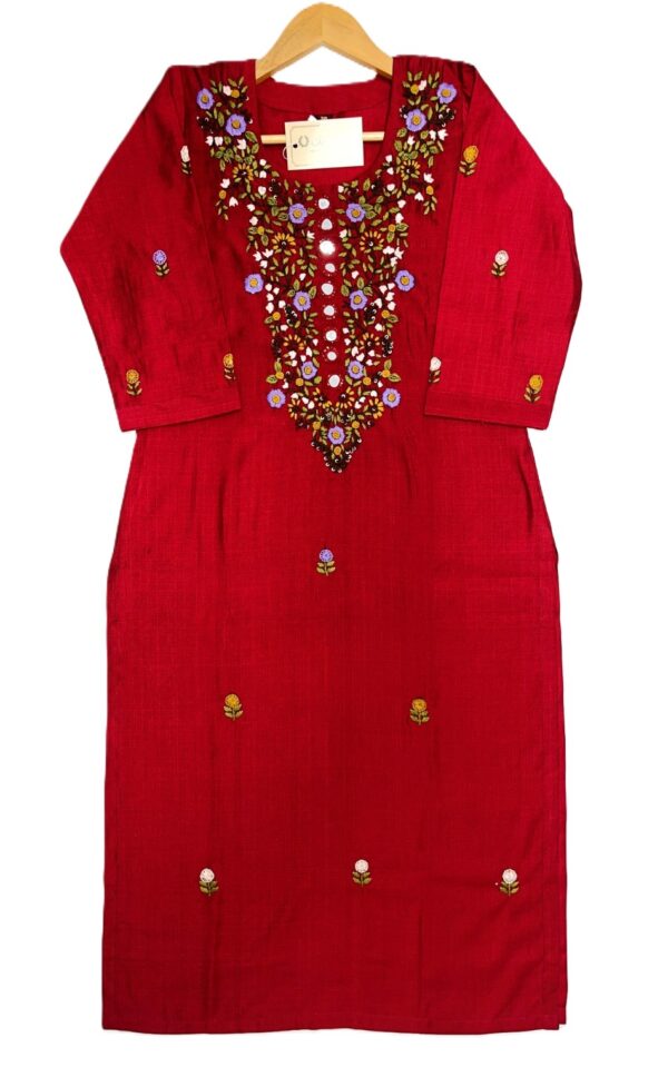 Red Cotton Hand Embroidery Kurti with Mirror Work