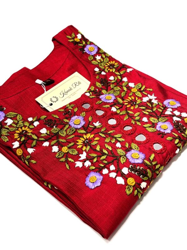 Red Cotton Hand Embroidery Kurti with Mirror Work