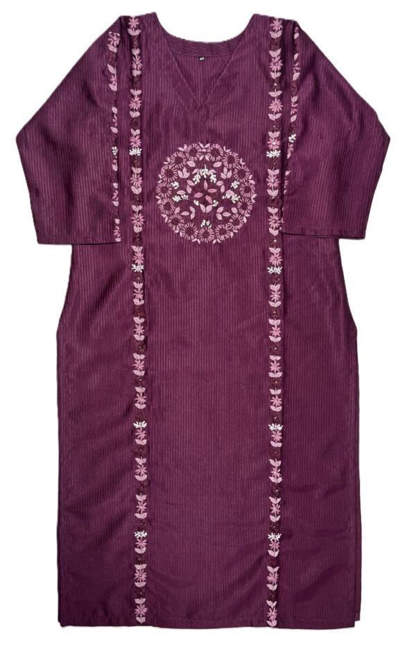 Hand embroidery wine color long kurti