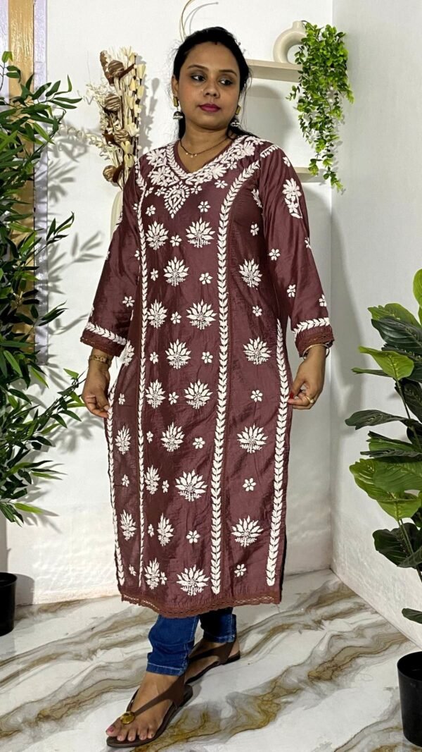 Elegant 3D Chikankari Kurti in Brown - Kanak Riti