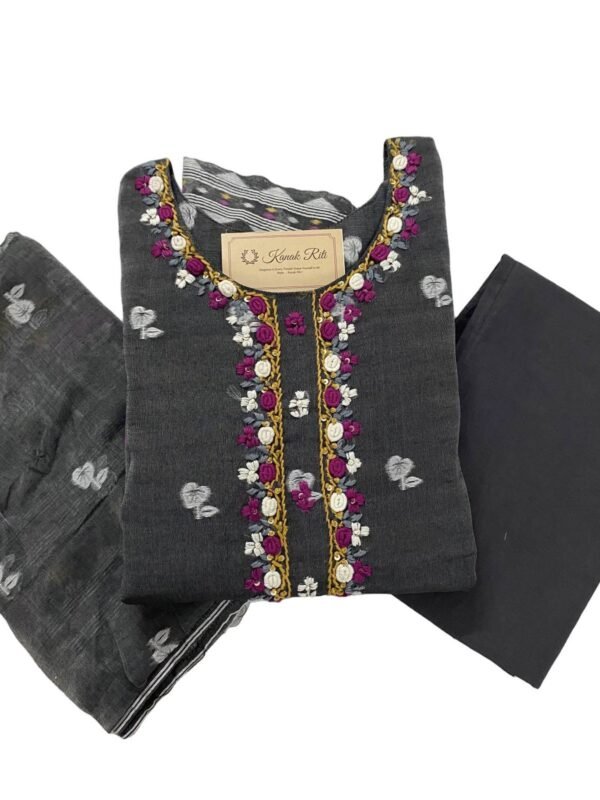 Elegant Grey Jamdani Cotton Kurti with Pant and Dupatta Set