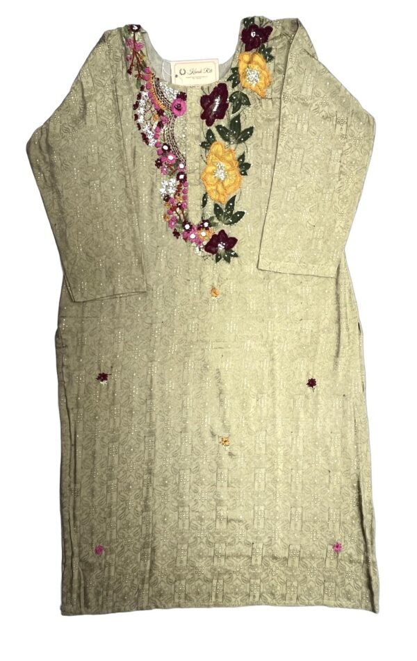 Elegant Hand Embroidered Kurti in Muslin Jacquard - Beige