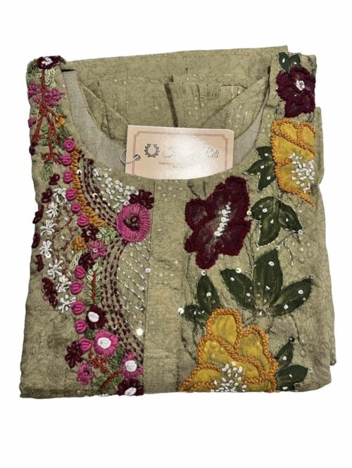 Elegant Hand Embroidered Kurti in Muslin Jacquard - Beige