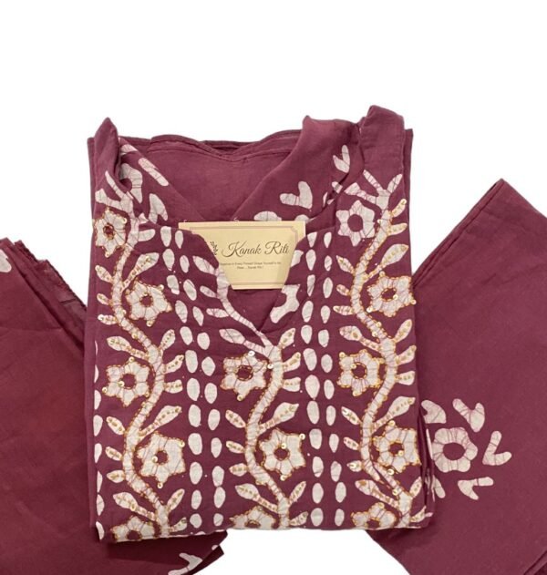 Elegant Maroon Batik Cotton Kurti with Kantha Stitch