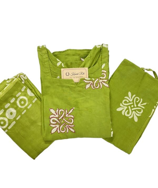 Elegant Parrot Green Batik Cotton Kurti Set