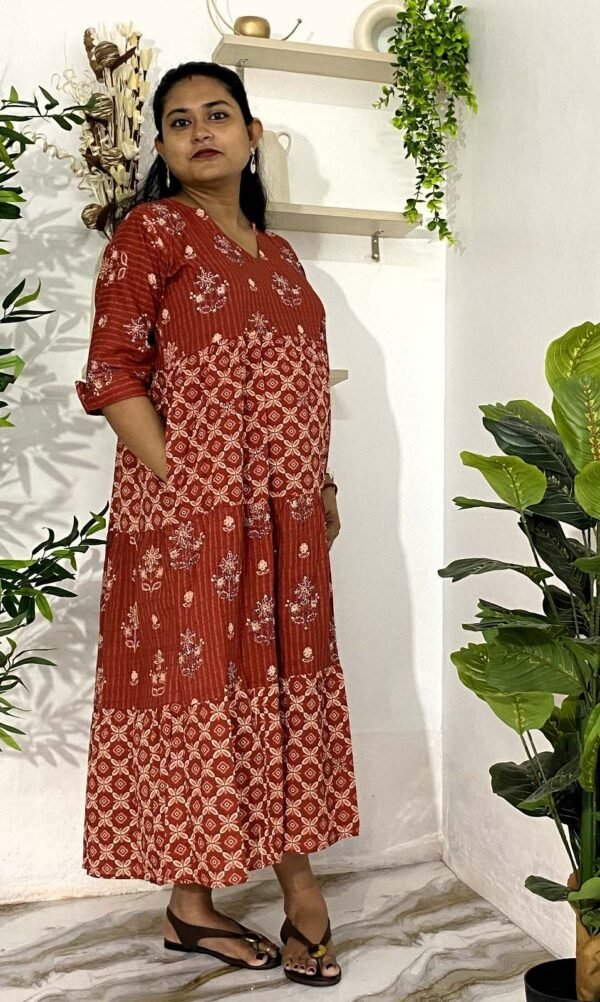 Elegant Red Cotton Dress with Kantha Stitch