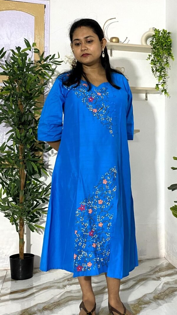 Hand Embroidered Silk Dress in Blue | Kanak Riti