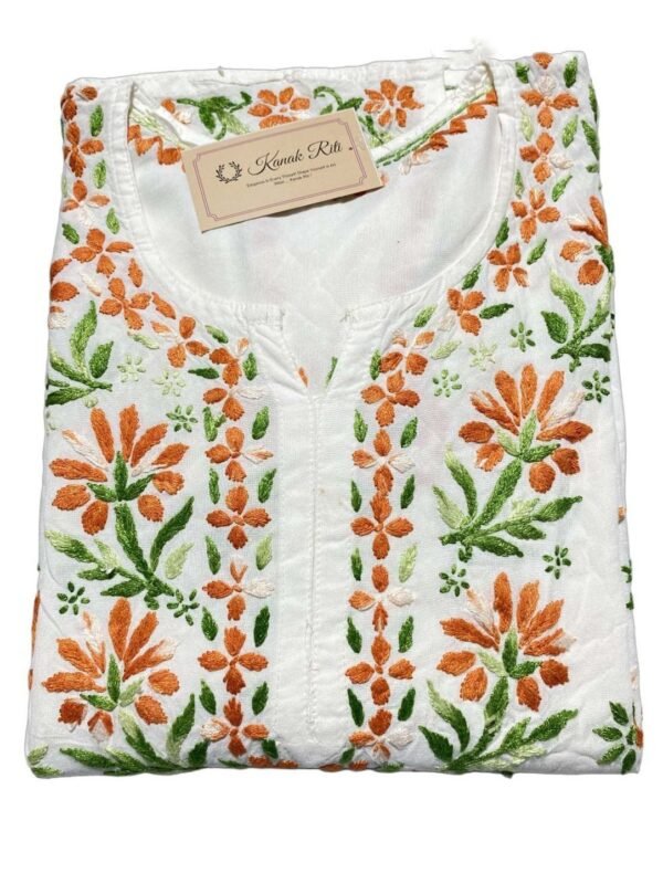 Lucknowi Chikankari Kurti in White with Orange Thread