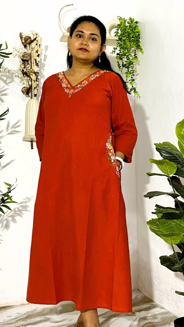 Rust Red Handloom Cotton Dress with Pocket